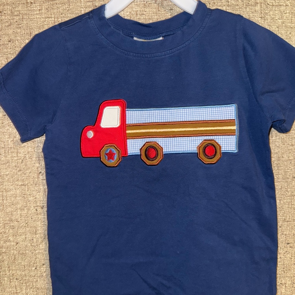 Kids Blue Embroidered T-Shirt with Red Truck Design